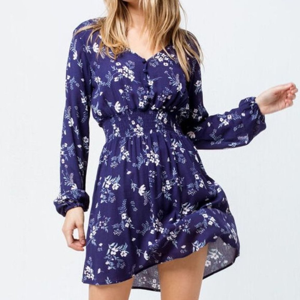 Tilly's Floral Smock Button Waist Navy Dress